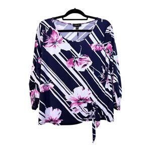 Espresso Striped Floral Blouse in Navy and Pink